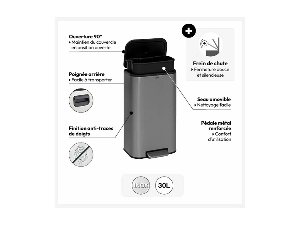 Poubelle de Cuisine à Pédale "Inox" 30L Gris