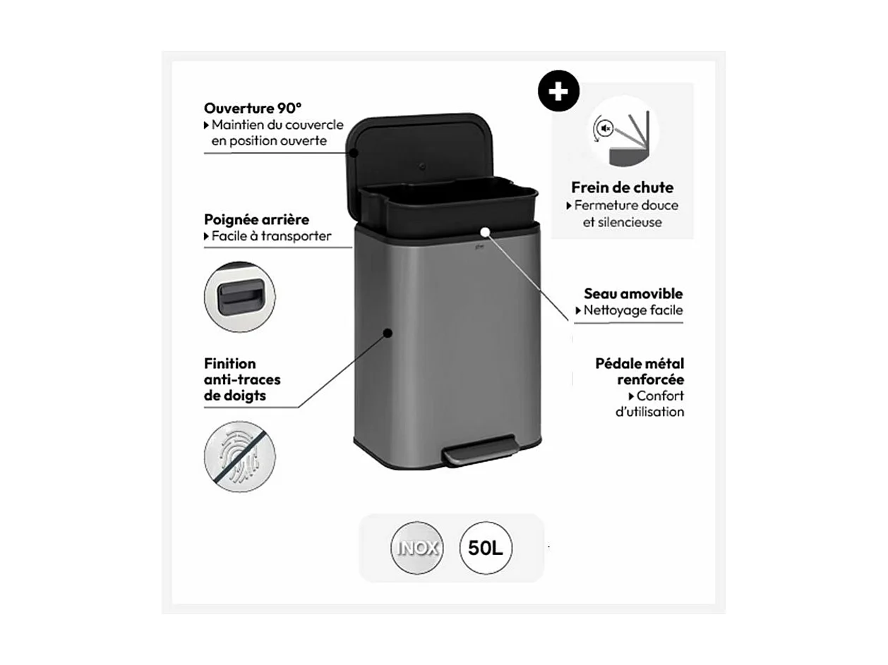 Poubelle de Cuisine à Pédale "Inox" 50L Gris