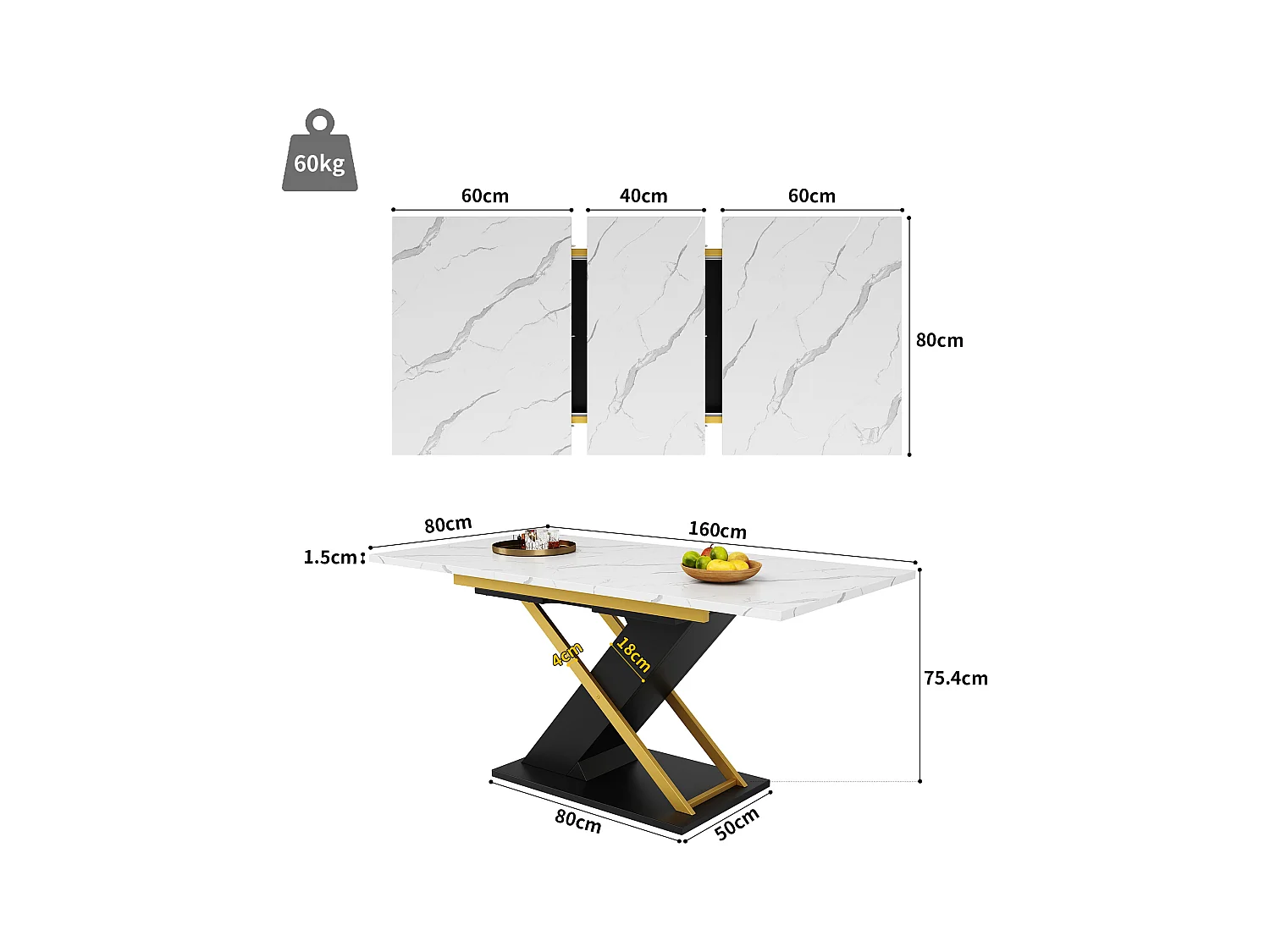 Table à manger escamotable(120-160×80cm)- en MDF - 6 à 8 personnes - Blanc