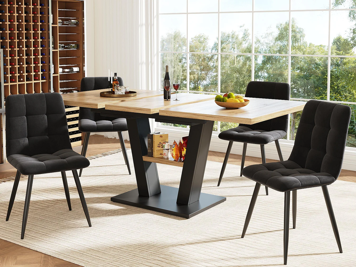 Table à manger et 4 chaises - plateau en MDF、Structure en métal et coussins en velours - Naturel & Noir