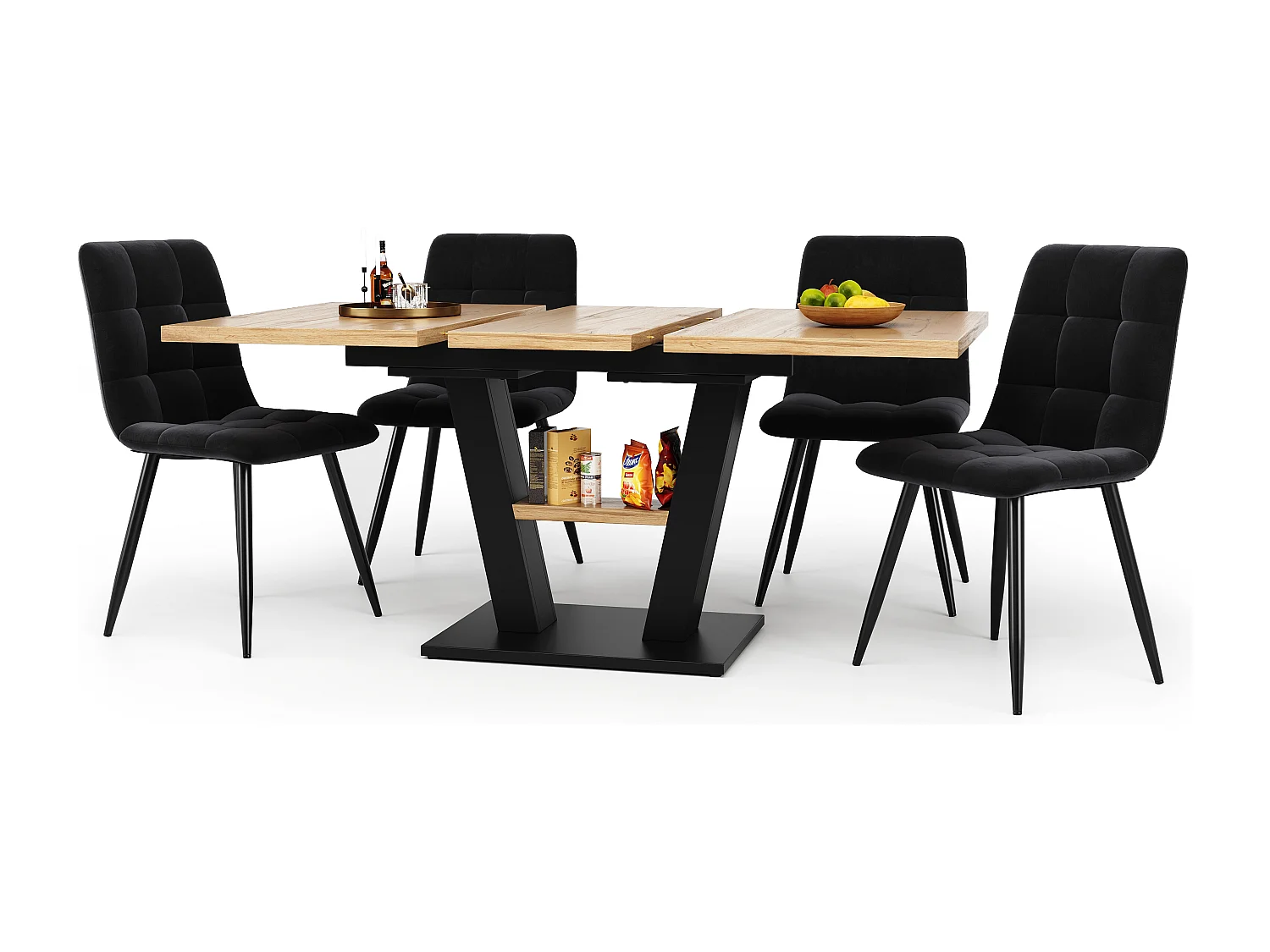 Table à manger et 4 chaises - plateau en MDF、Structure en métal et coussins en velours - Naturel & Noir