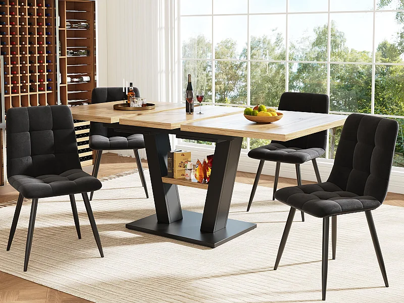 Mesa de jantar com 4 cadeiras – Tampos em ​MDF, estrutura em ​metal e almofadas de ​veludo – ​Natural & Preto