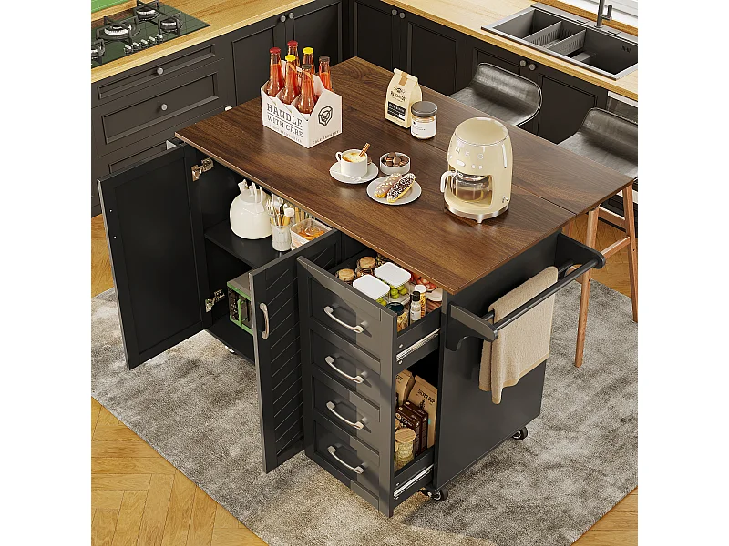 Isla central de cocina - carrito con ruedas y plancha extensible - 2 cajones y 2 puertas - Negro