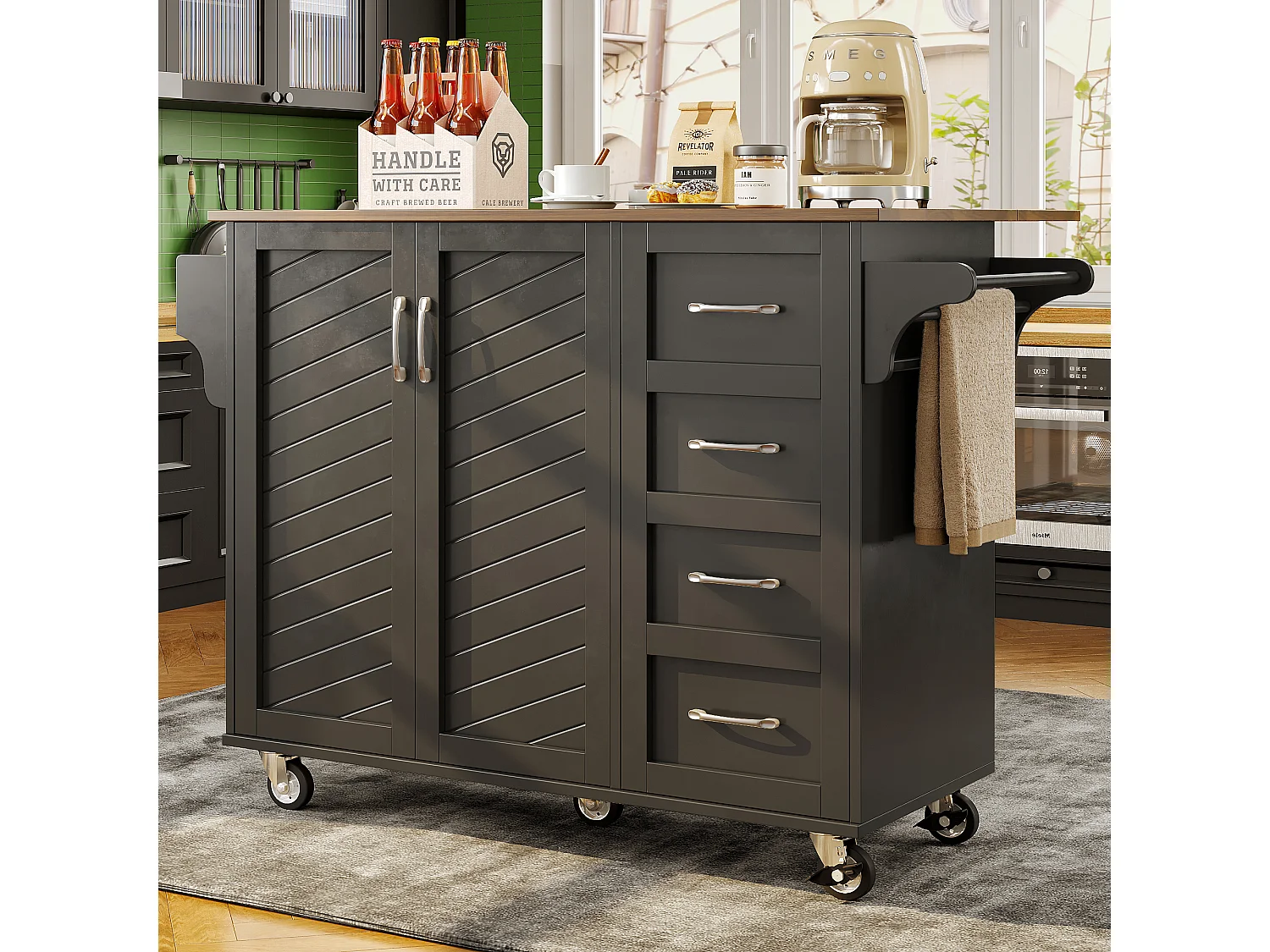 Ilot central de cuisiner - chariot à roulette avec plateau extensible - 2 tiroirs et 2 portes - Noir