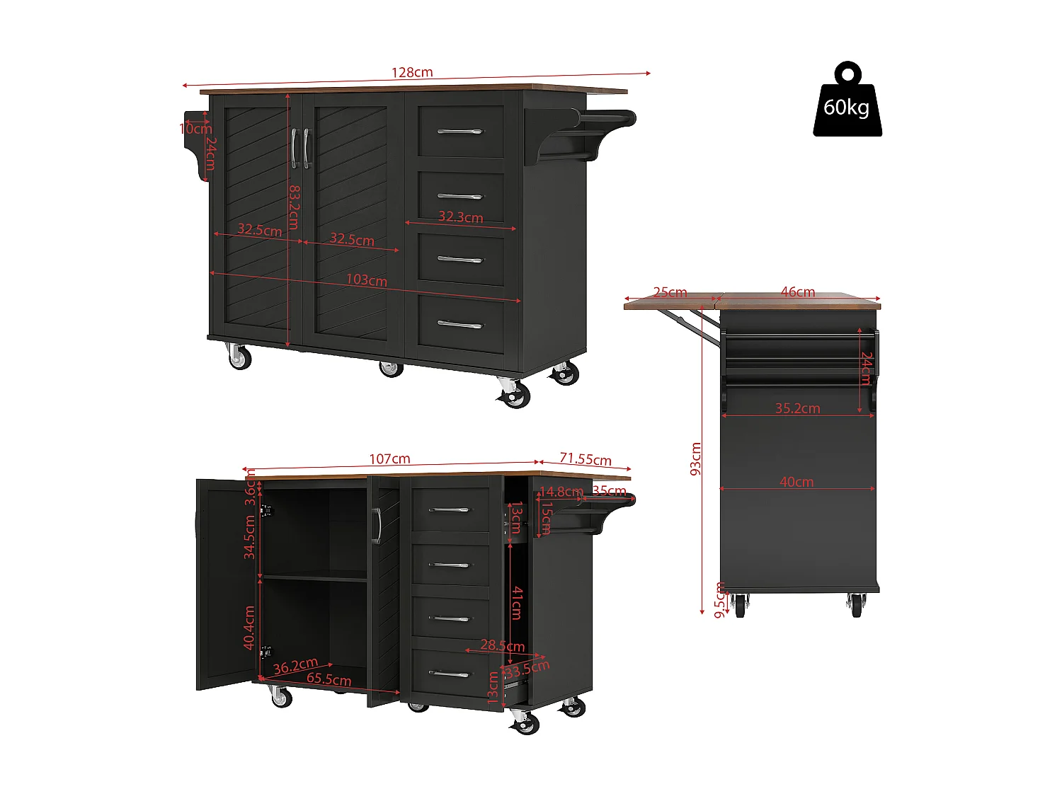 Ilot central de cuisiner - chariot à roulette avec plateau extensible - 2 tiroirs et 2 portes - Noir
