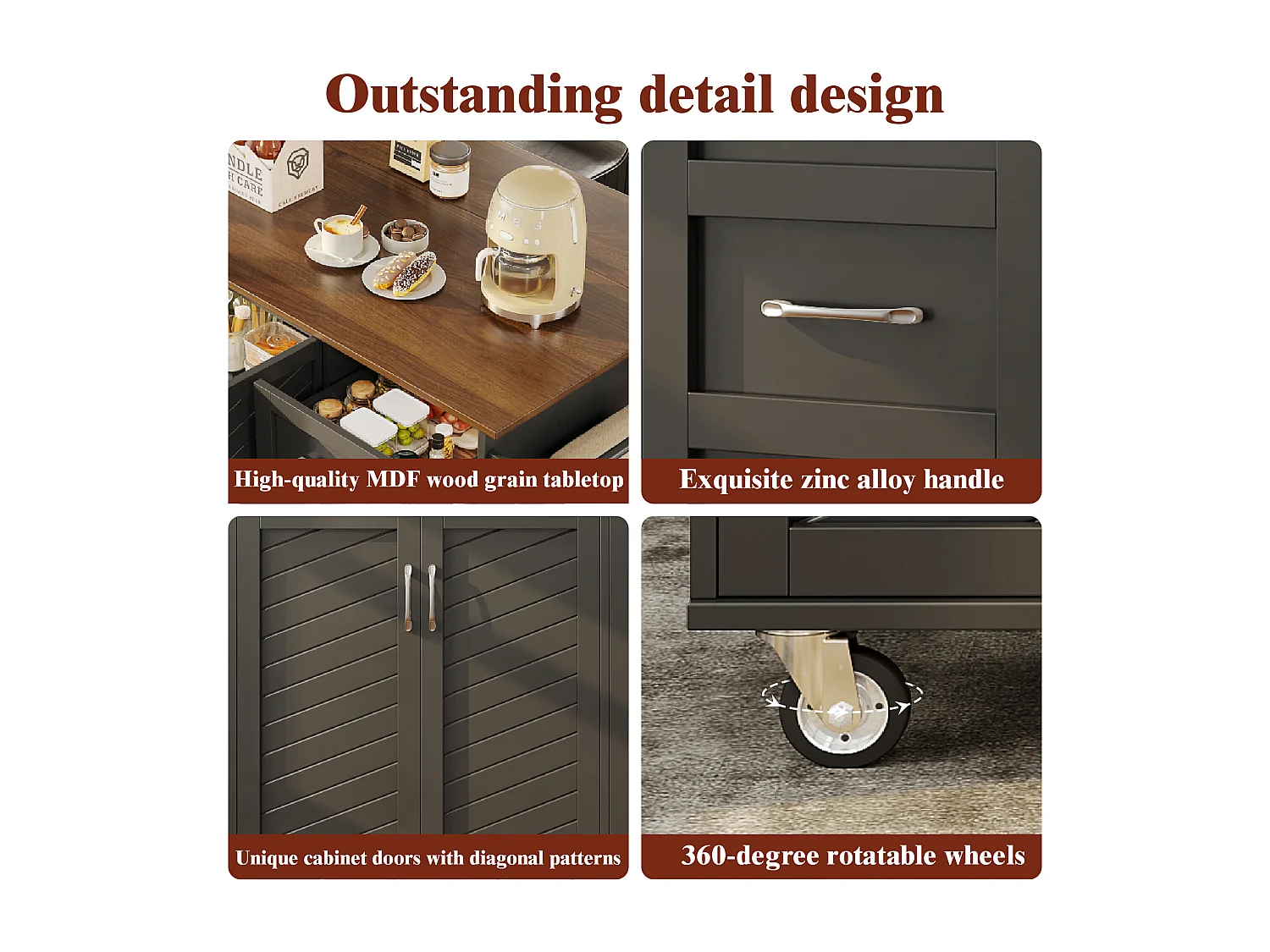 Ilot central de cuisiner - chariot à roulette avec plateau extensible - 2 tiroirs et 2 portes - Noir