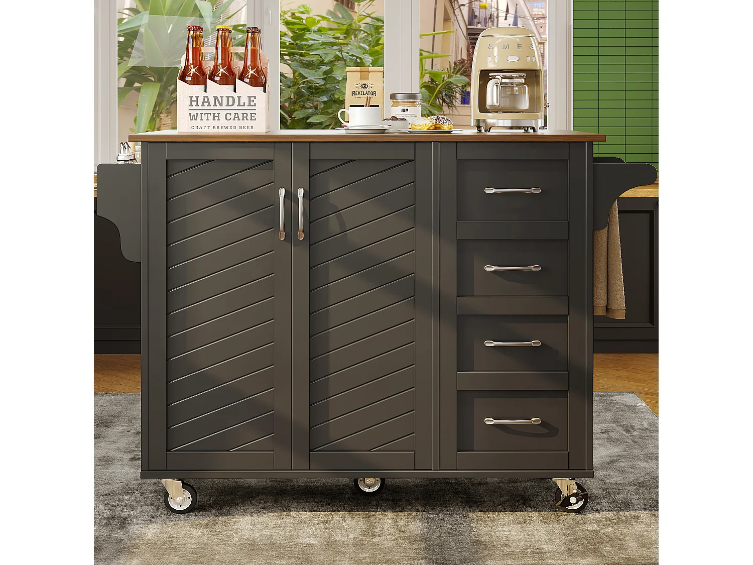 Ilot central de cuisiner - chariot à roulette avec plateau extensible - 2 tiroirs et 2 portes - Noir