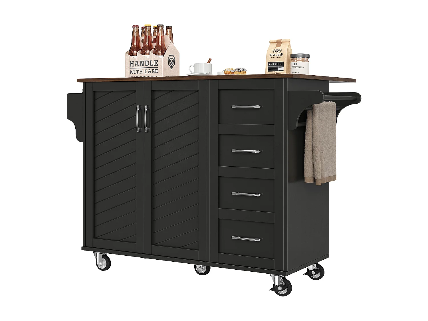 Ilot central de cuisiner - chariot à roulette avec plateau extensible - 2 tiroirs et 2 portes - Noir