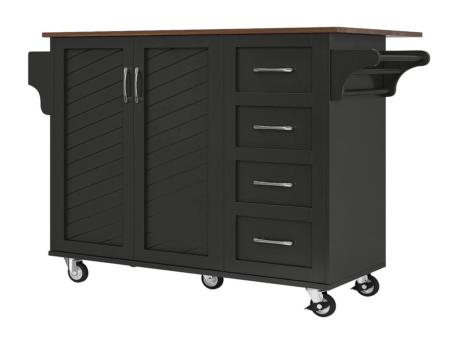 Ilot central de cuisiner - chariot à roulette avec plateau extensible - 2 tiroirs et 2 portes - Noir