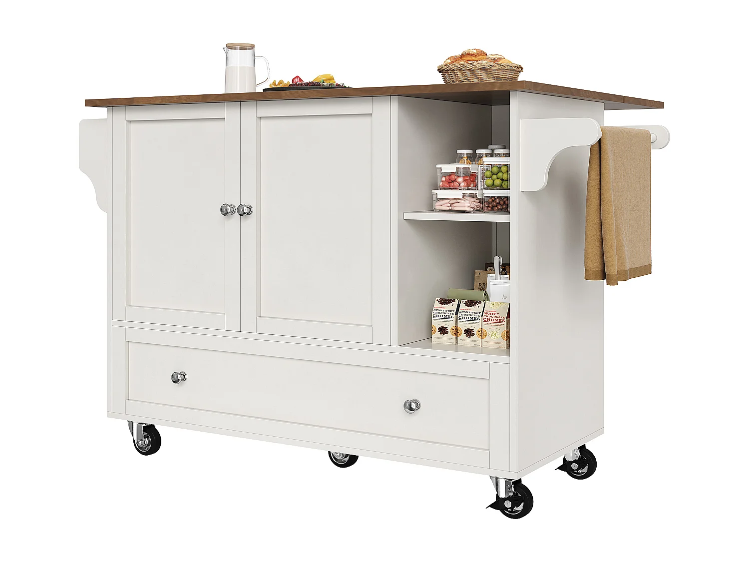 Isla central de cocina - carrito con ruedas y plancha extensible - 1 cajón y 2 puertas - Blanco