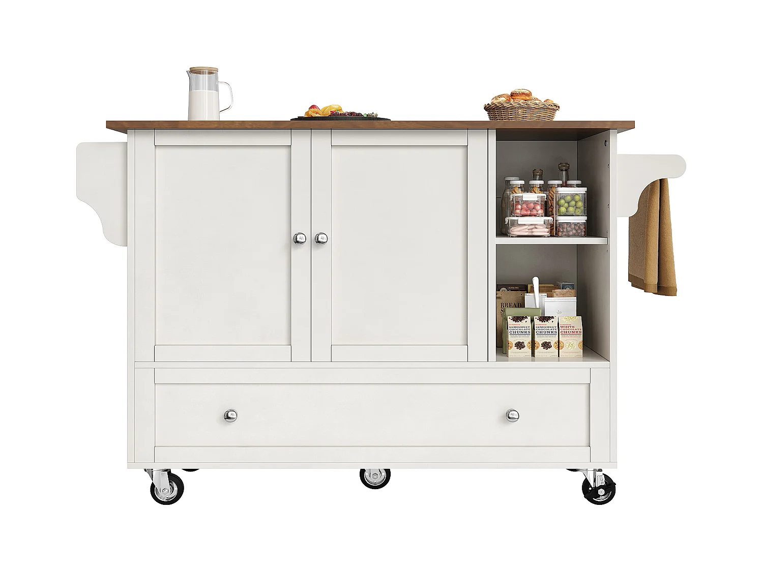 Isla central de cocina - carrito con ruedas y plancha extensible - 1 cajón y 2 puertas - Blanco