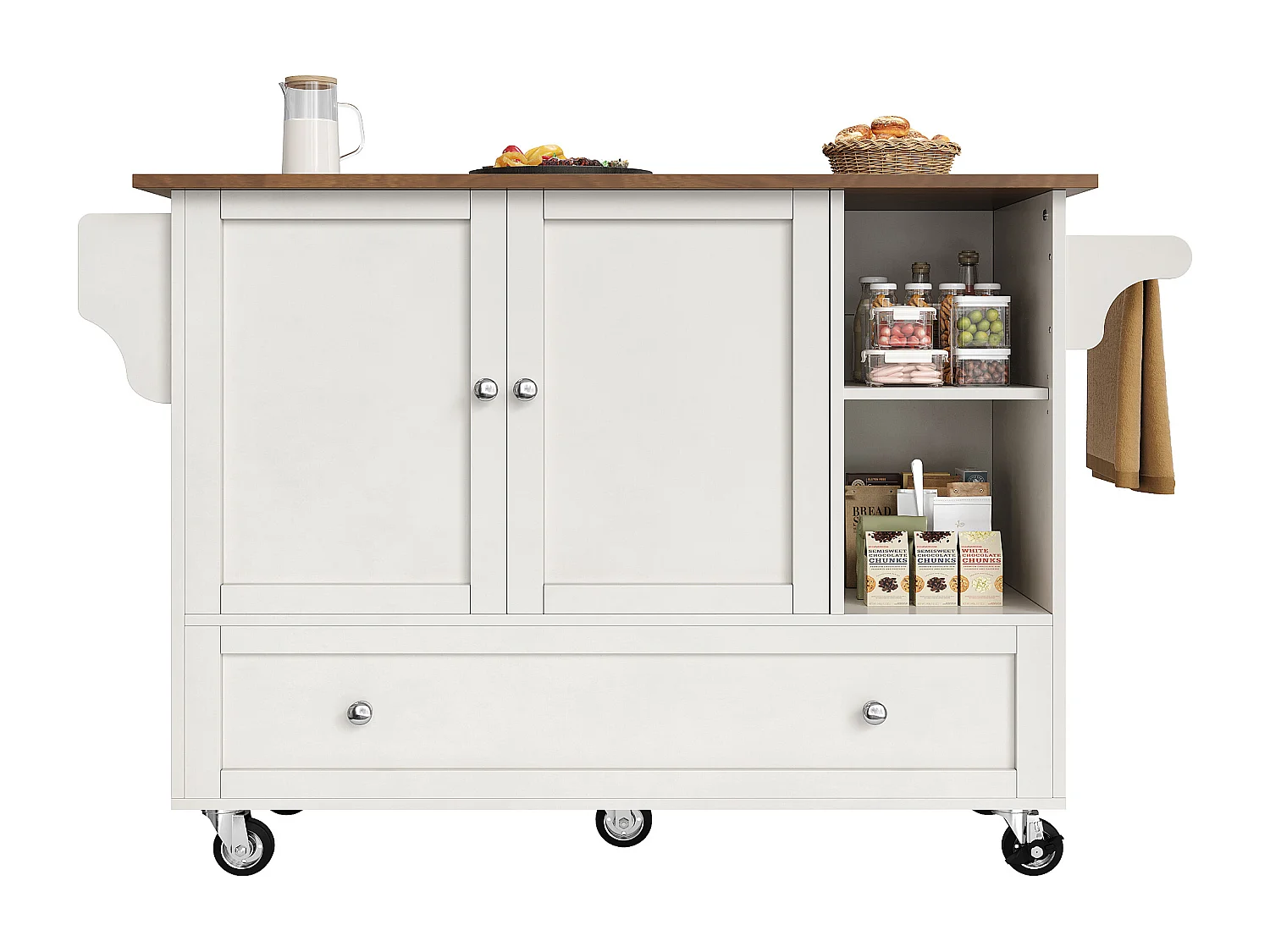 Zentrale Kücheninsel - Rollwagen mit ausziehbarem Tablett - 1 Schublade und 2 Türen - Weiß