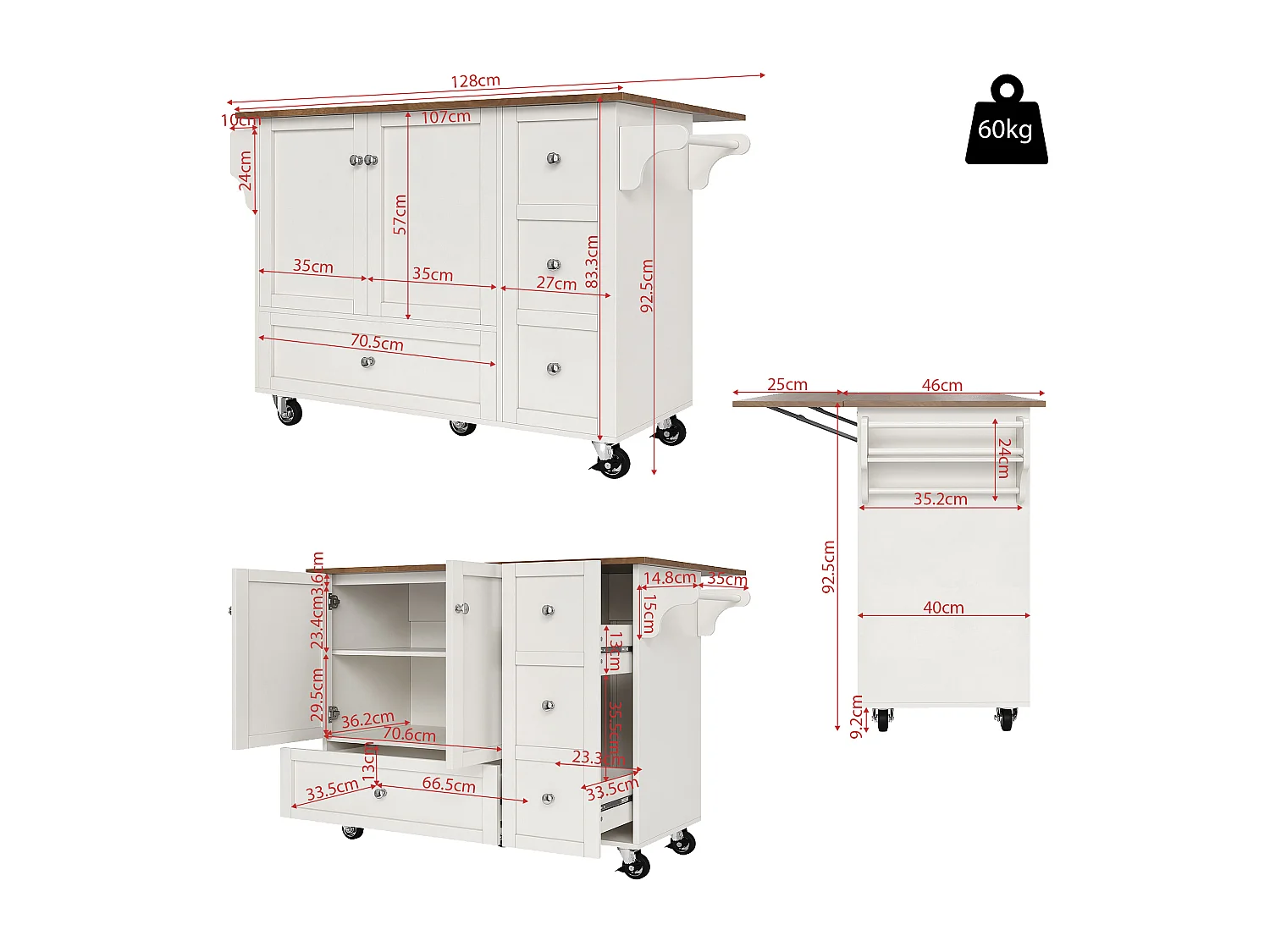 Ilot central de cuisine - chariot à roulette avec plateau extensible - 3 tiroirs et 2 portes - Blanc