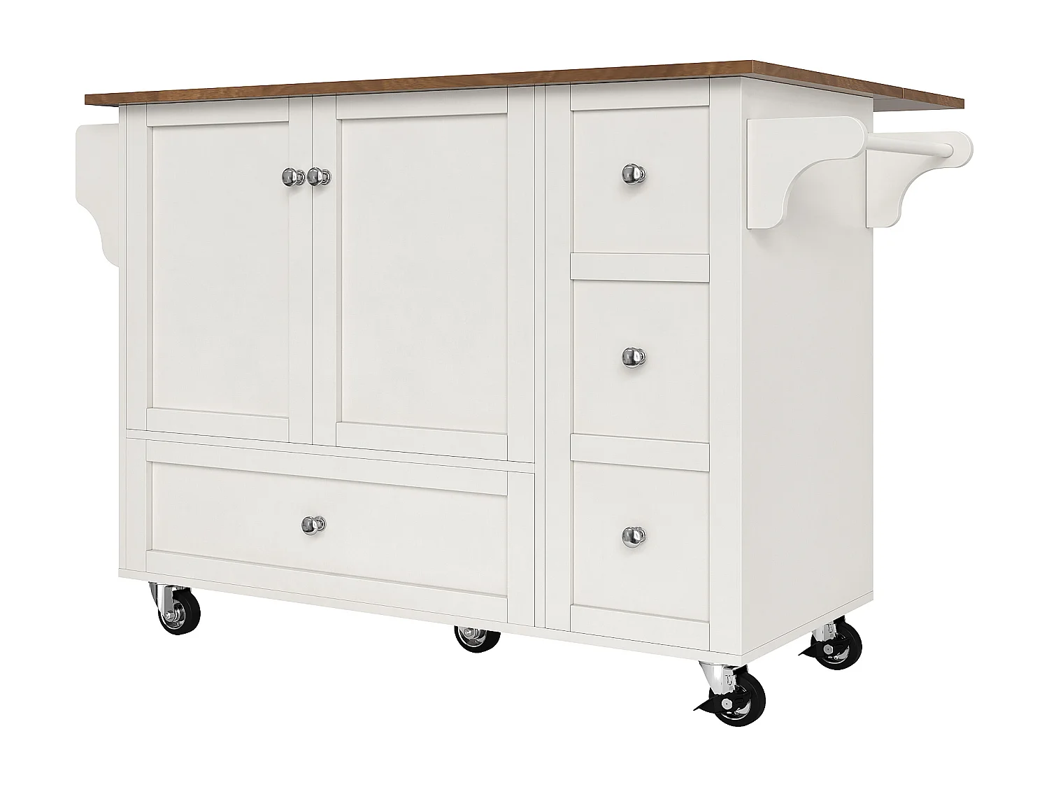 Ilot central de cuisine - chariot à roulette avec plateau extensible - 3 tiroirs et 2 portes - Blanc