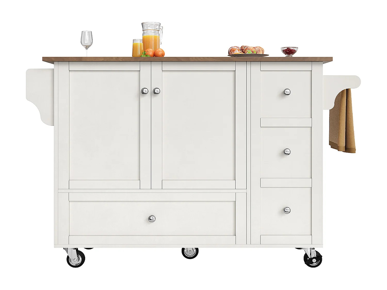 Ilot central de cuisine - chariot à roulette avec plateau extensible - 3 tiroirs et 2 portes - Blanc