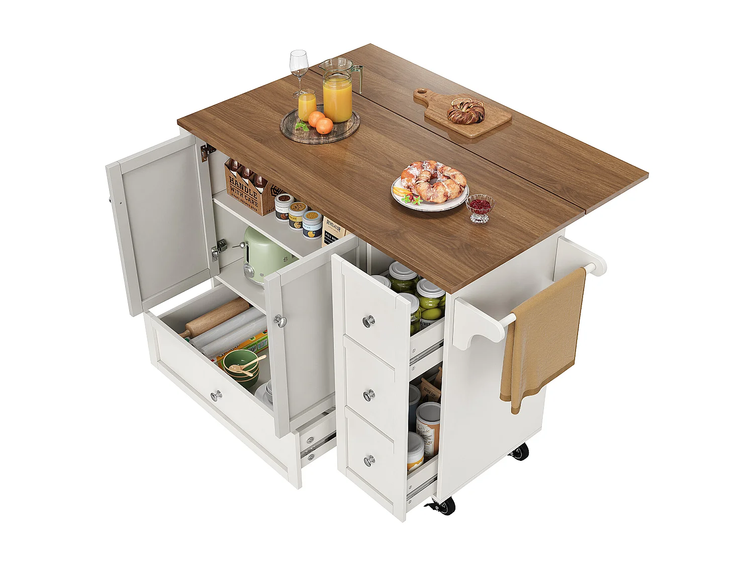 Ilot central de cuisine - chariot à roulette avec plateau extensible - 3 tiroirs et 2 portes - Blanc