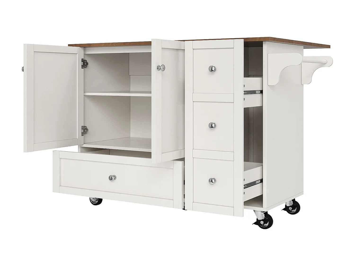 Ilot central de cuisine - chariot à roulette avec plateau extensible - 3 tiroirs et 2 portes - Blanc