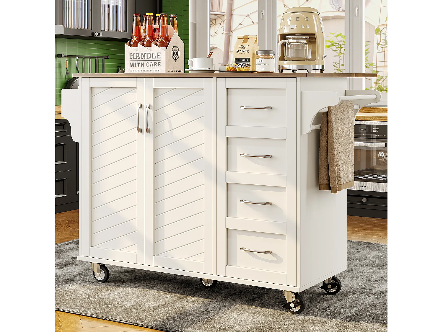 Isla central de cocina - carrito con ruedas y plancha extensible - 2 cajones y 2 puertas - Blanco