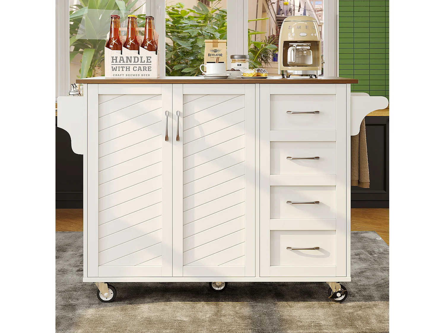 Isla central de cocina - carrito con ruedas y plancha extensible - 2 cajones y 2 puertas - Blanco