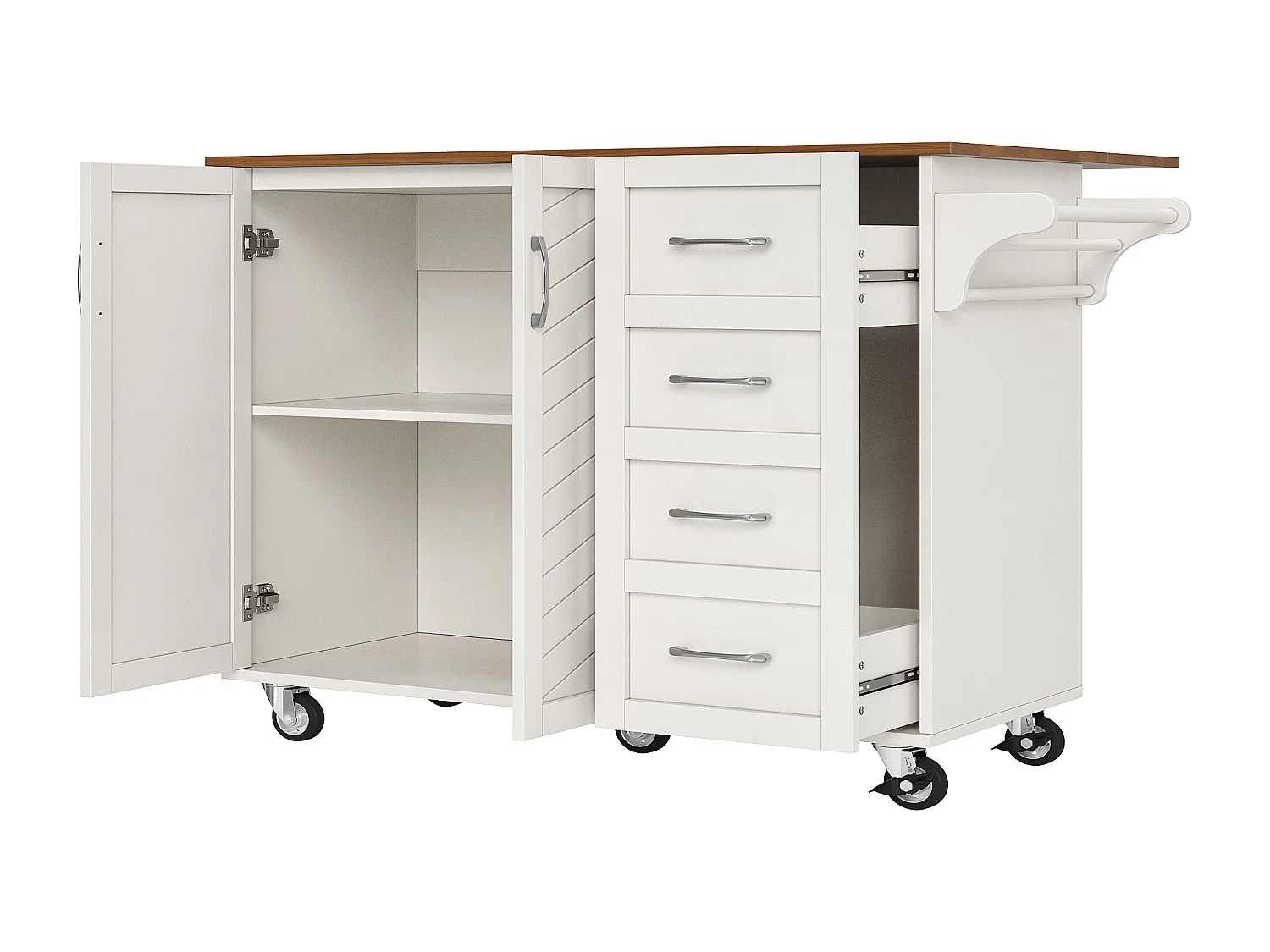 Isla central de cocina - carrito con ruedas y plancha extensible - 2 cajones y 2 puertas - Blanco