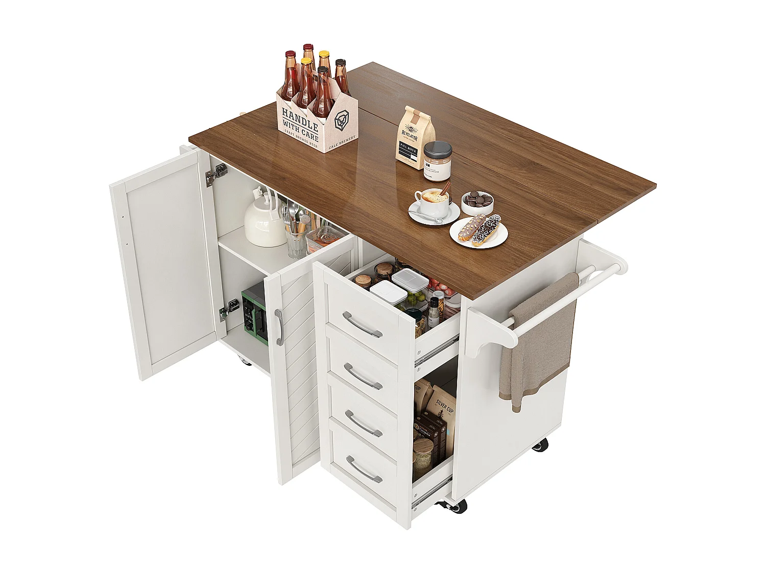 Isla central de cocina - carrito con ruedas y plancha extensible - 2 cajones y 2 puertas - Blanco