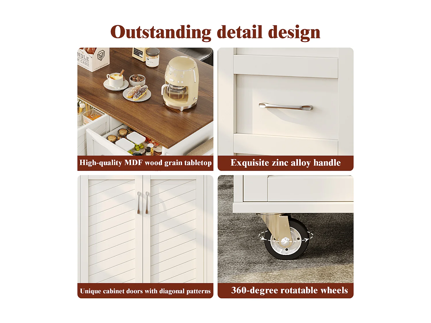 Isla central de cocina - carrito con ruedas y plancha extensible - 2 cajones y 2 puertas - Blanco