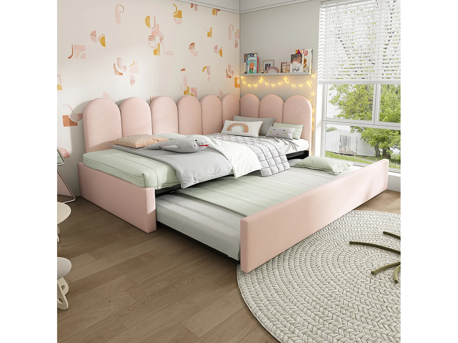 Lit banquette 90x200 cm - avec lit gigogne 90x190 - tissu en velours - Rose