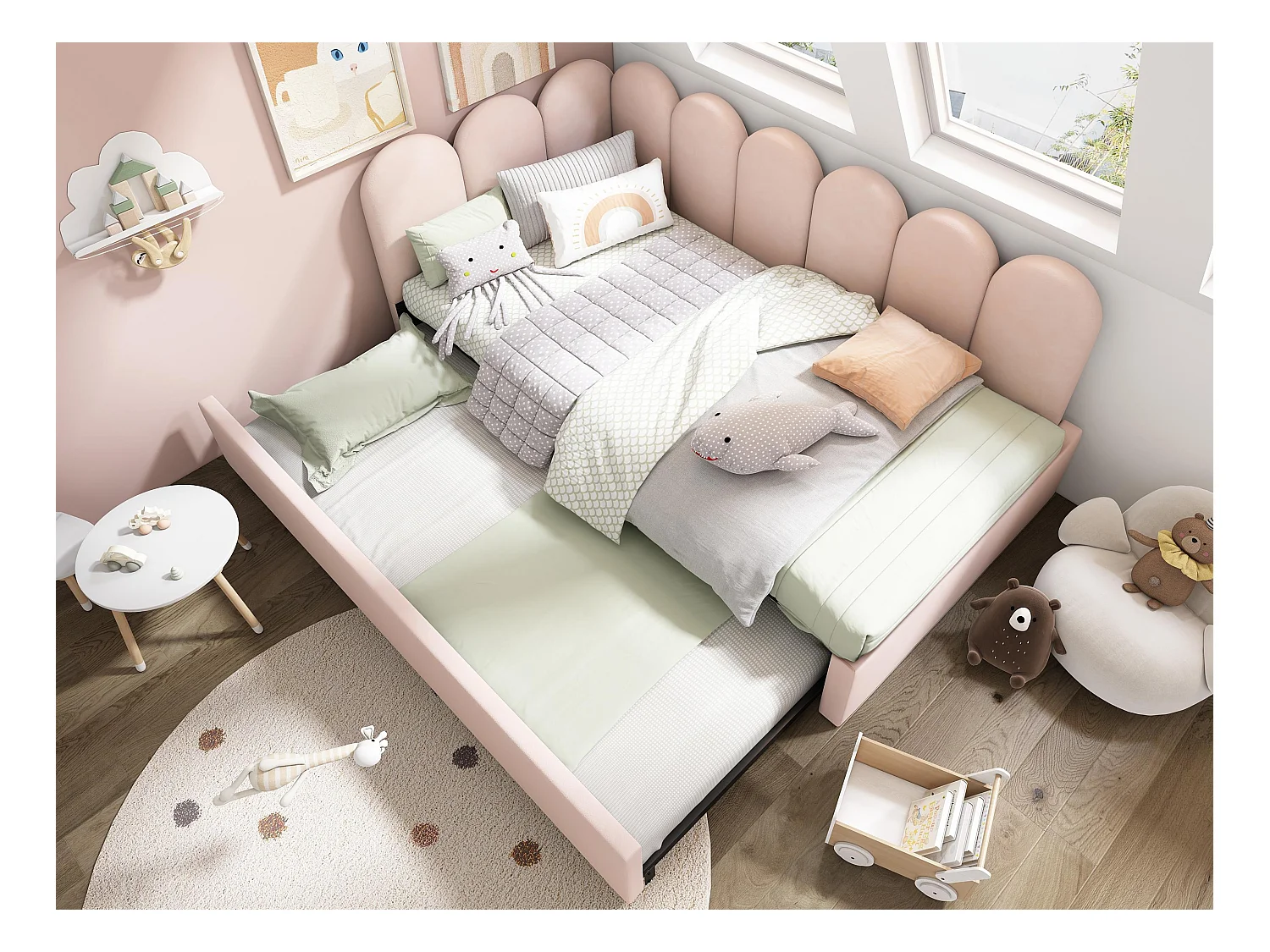 Panca letto 90x200 cm - con letto nido 90x190 cm - tessuto in velluto - Rosa