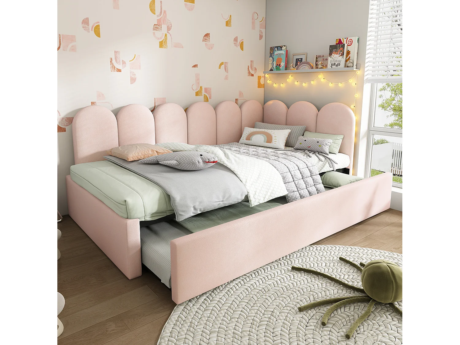Hockerbett 90x200 cm - mit Nestbett 90x190 cm - Samtstoff - Rosa