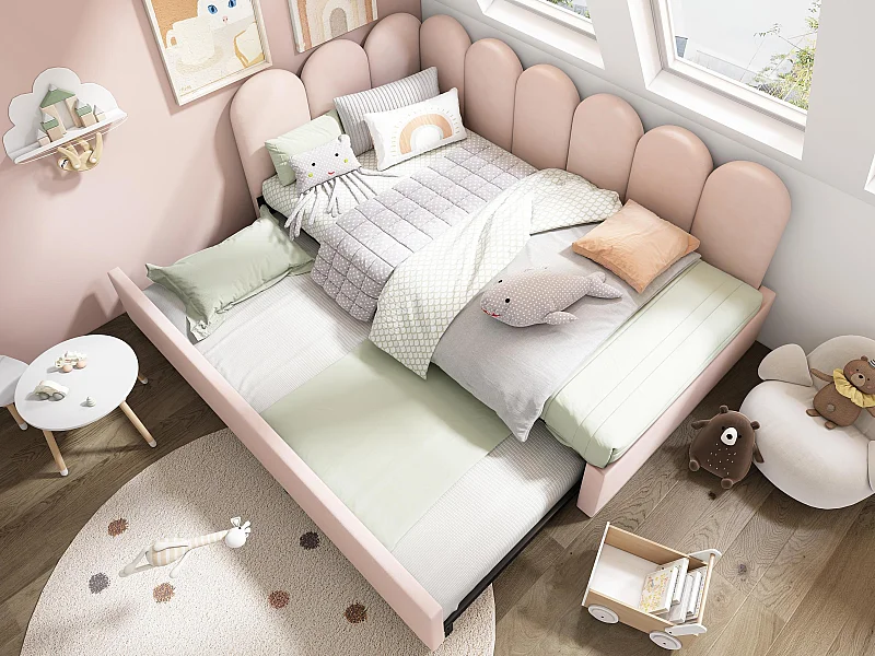 Lit banquette 90x200 cm - avec lit gigogne 90x190 - tissu en velours - Rose