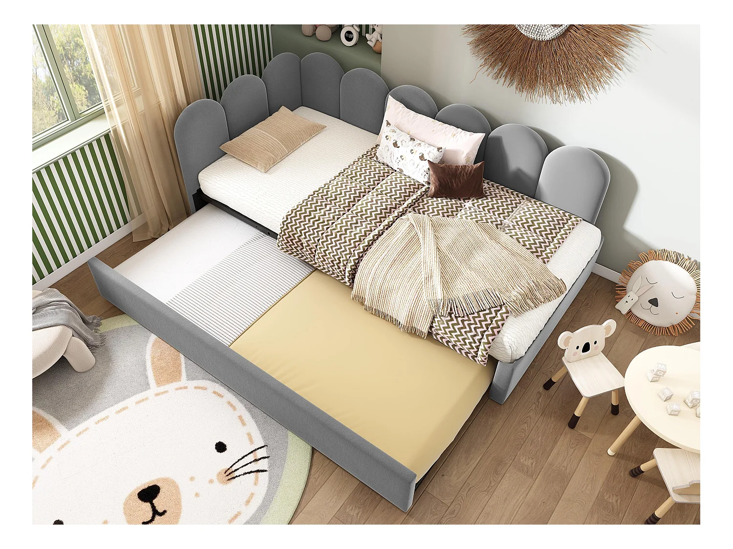 Banco cama 90x200 cm - con cama nido 90x190 cm - tejido de terciopelo - Gris