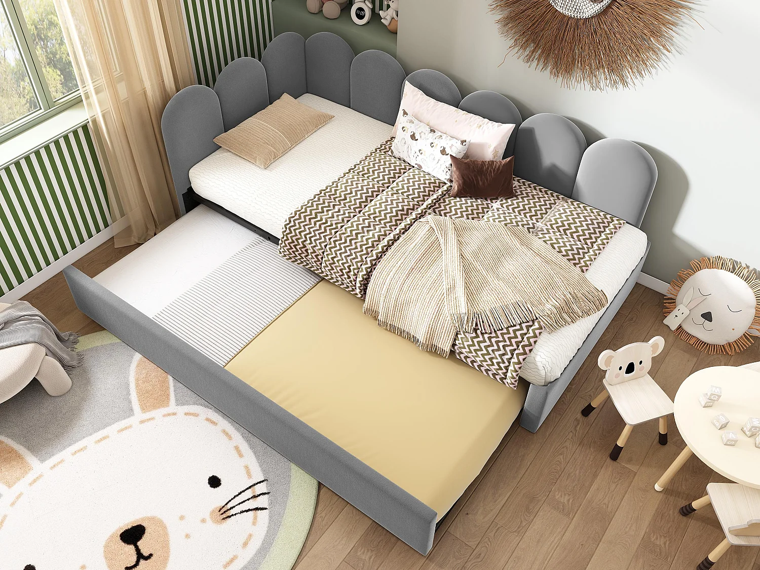 Lit banquette 90x200 cm - avec lit gigogne 90x190 - tissu en velours - Gris