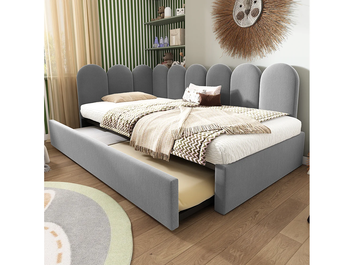 Lit banquette 90x200 cm - avec lit gigogne 90x190 - tissu en velours - Gris