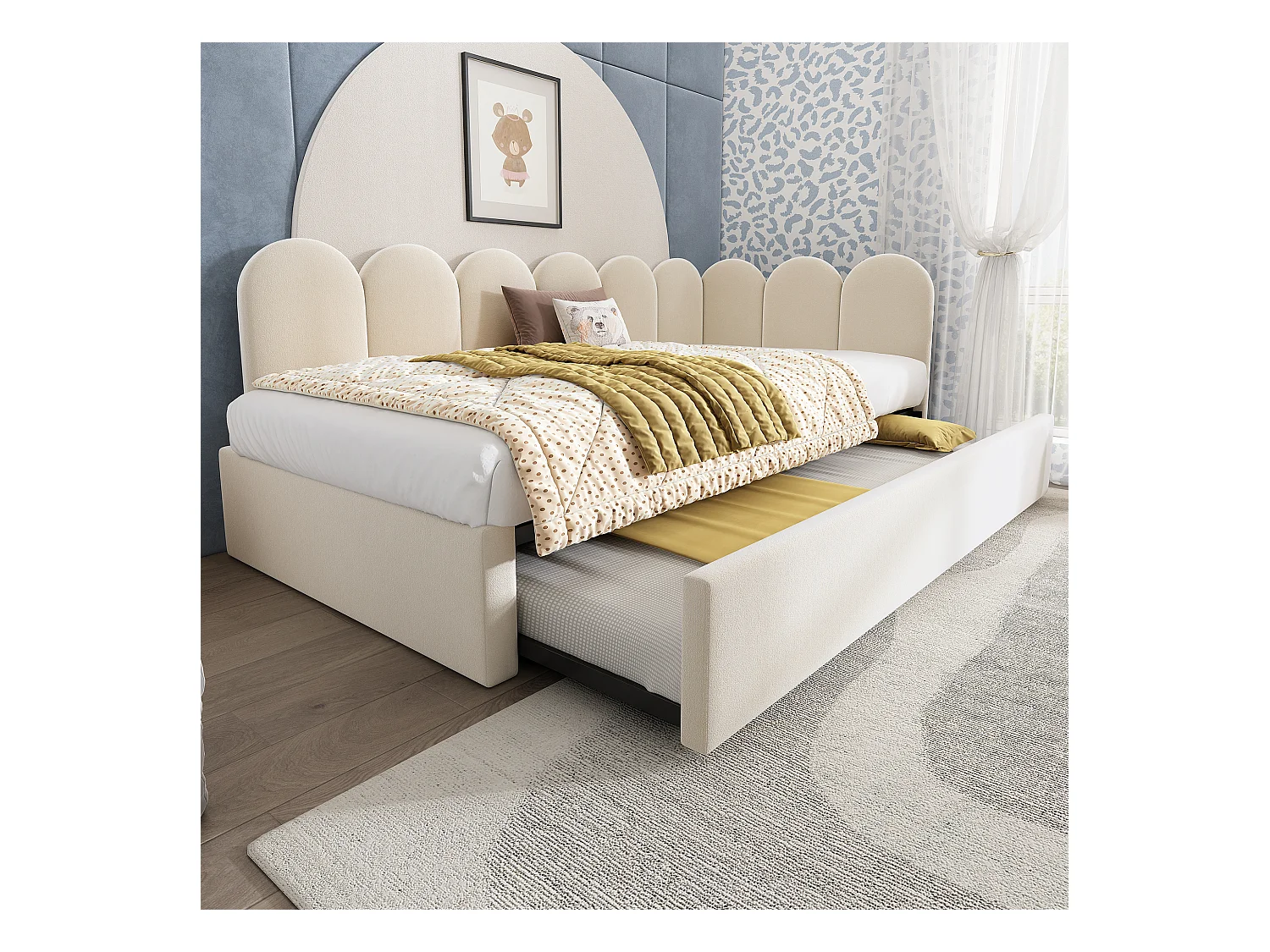 Lit banquette 90x200 cm - avec lit gigogne 90x190 - tissu en velours - Beige