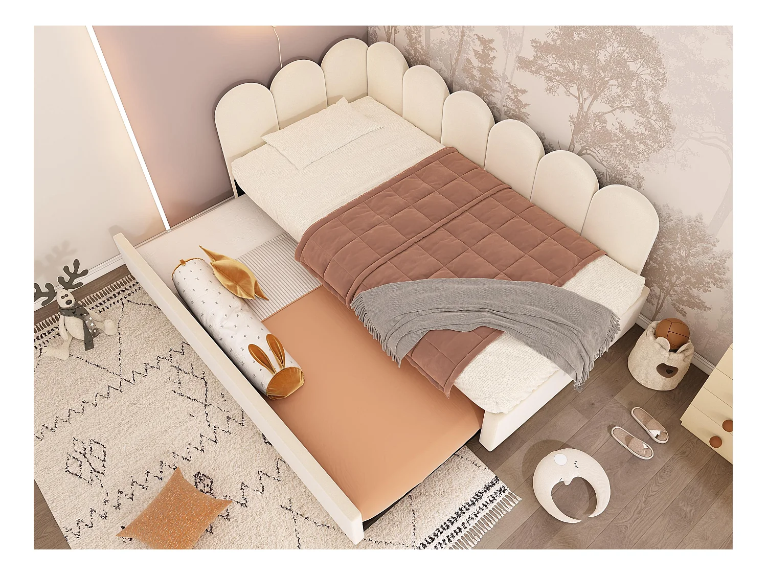 Lit banquette 90x200 cm - avec lit gigogne 90x190 - tissu en velours - Beige