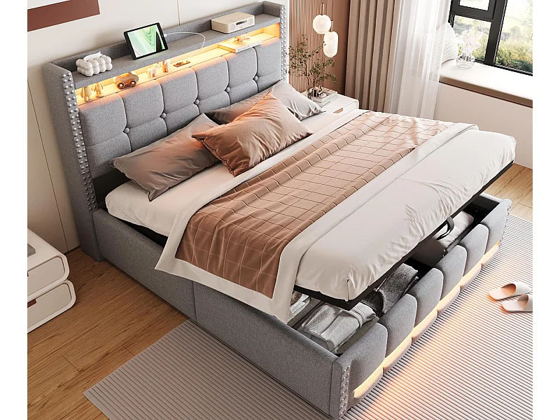 Cama baú acolchoado 160x200 cm - com iluminação LED + entrada USB - com prateleiras - linho - cinza (colchão não incluído)