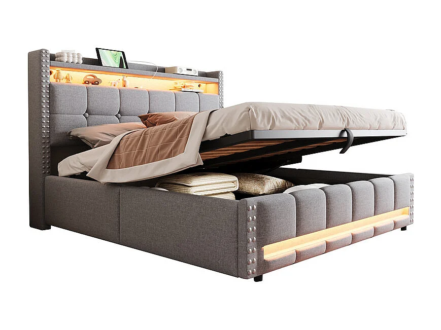 Lit coffre capitonné 160x200cm - avec éclairage LED + prise USB - avec étagères - lin - gris (matelas non inclus)