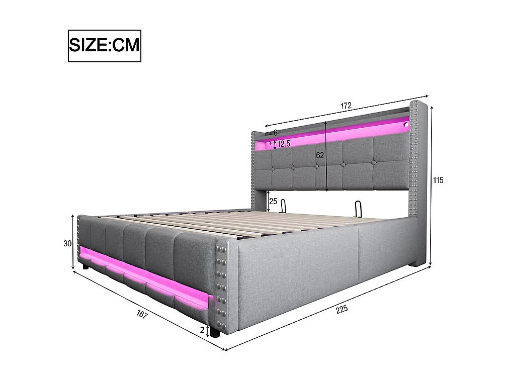Lit coffre capitonné 160x200cm - avec éclairage LED + prise USB - avec étagères - lin - gris (matelas non inclus)