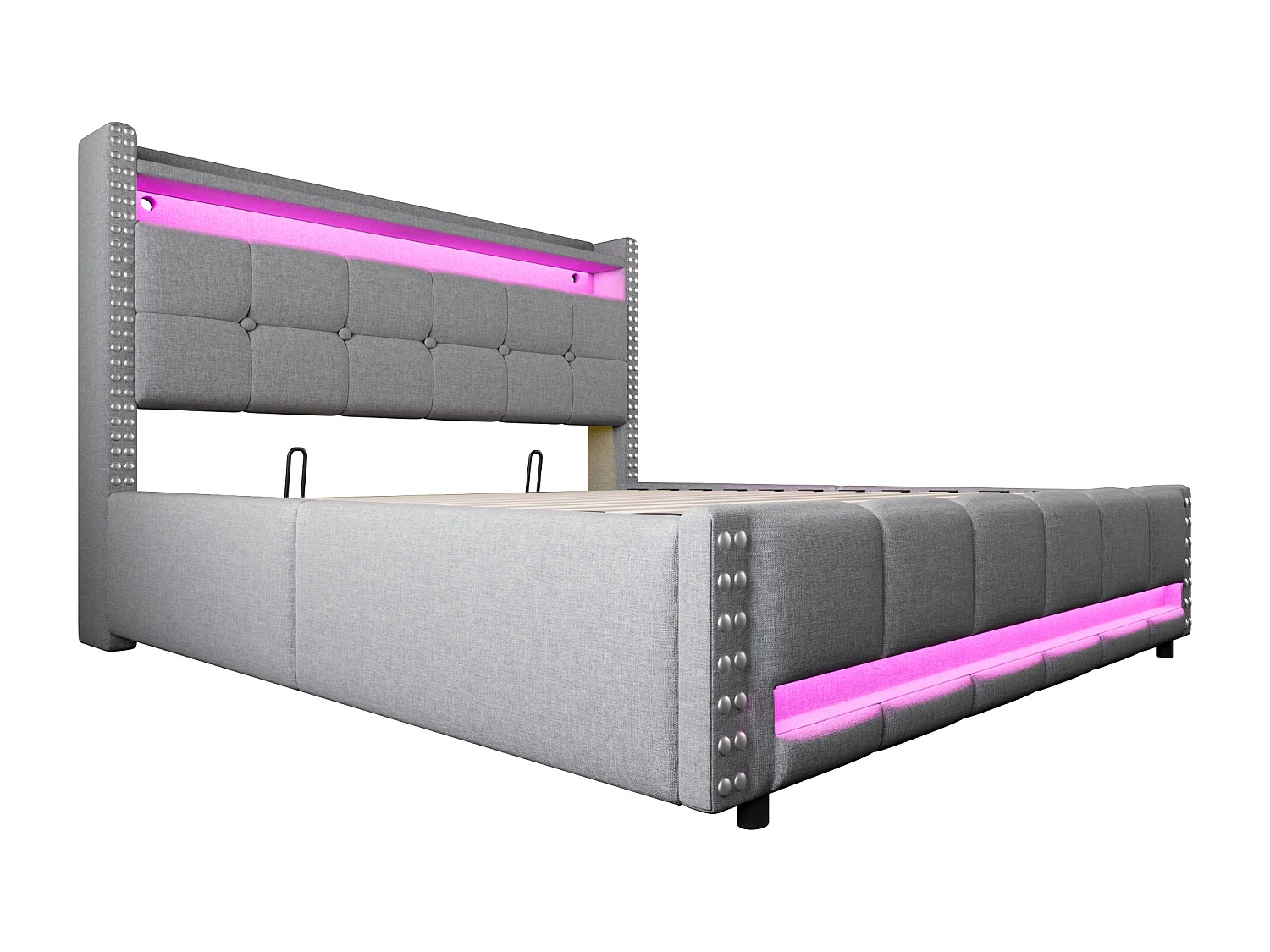 Lit coffre capitonné 160x200cm - avec éclairage LED + prise USB - avec étagères - lin - gris (matelas non inclus)