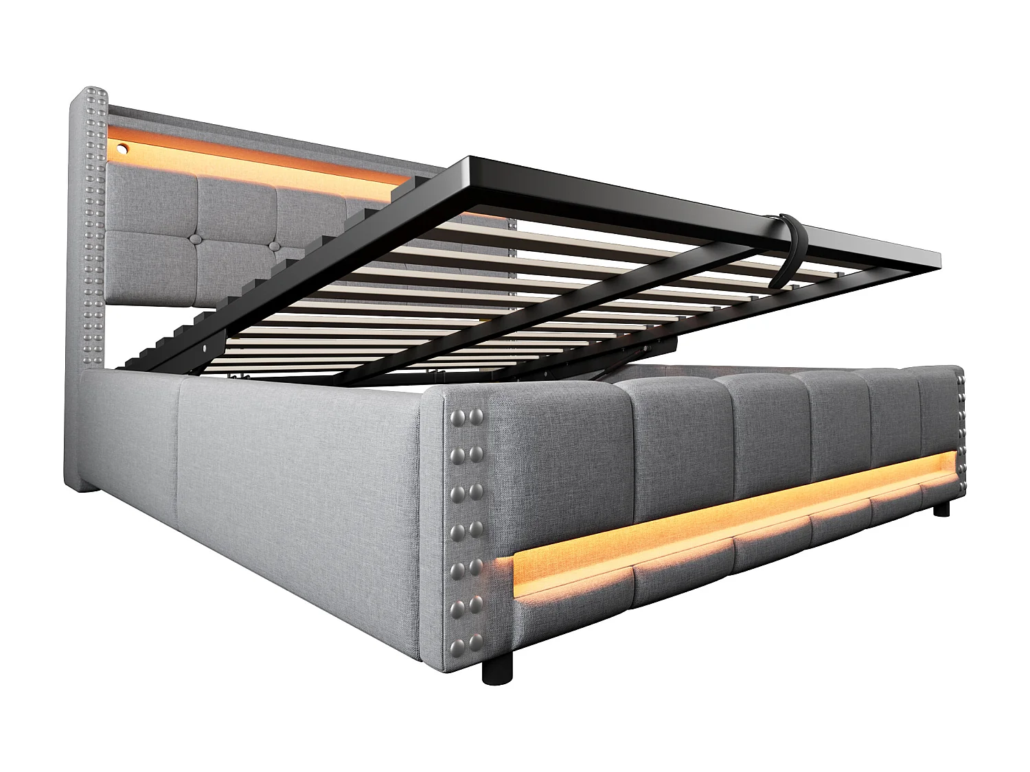 Lit coffre capitonné 160x200cm - avec éclairage LED + prise USB - avec étagères - lin - gris (matelas non inclus)