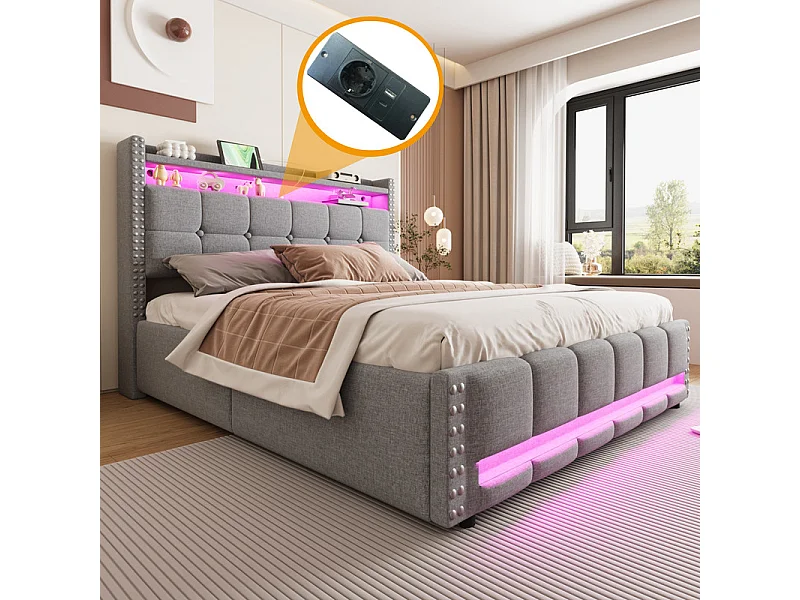 Zacht gevoerd opbergbed 160x200 cm - met LED-verlichting + USB-poort - met planken - linnen - grijs (matras niet inbegrepen)
