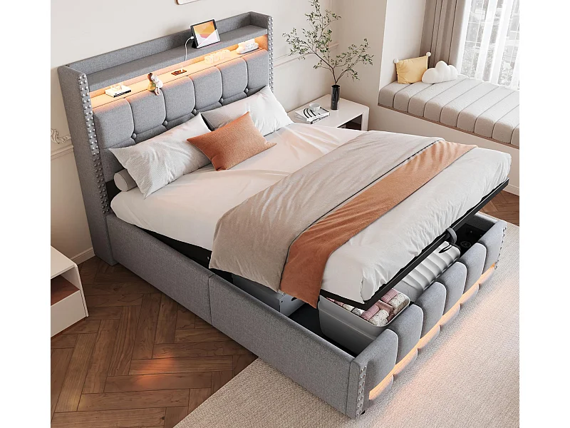 Lit coffre capitonné 140x200cm - avec éclairage LED + prise USB - avec étagères - lin - gris (matelas non inclus)