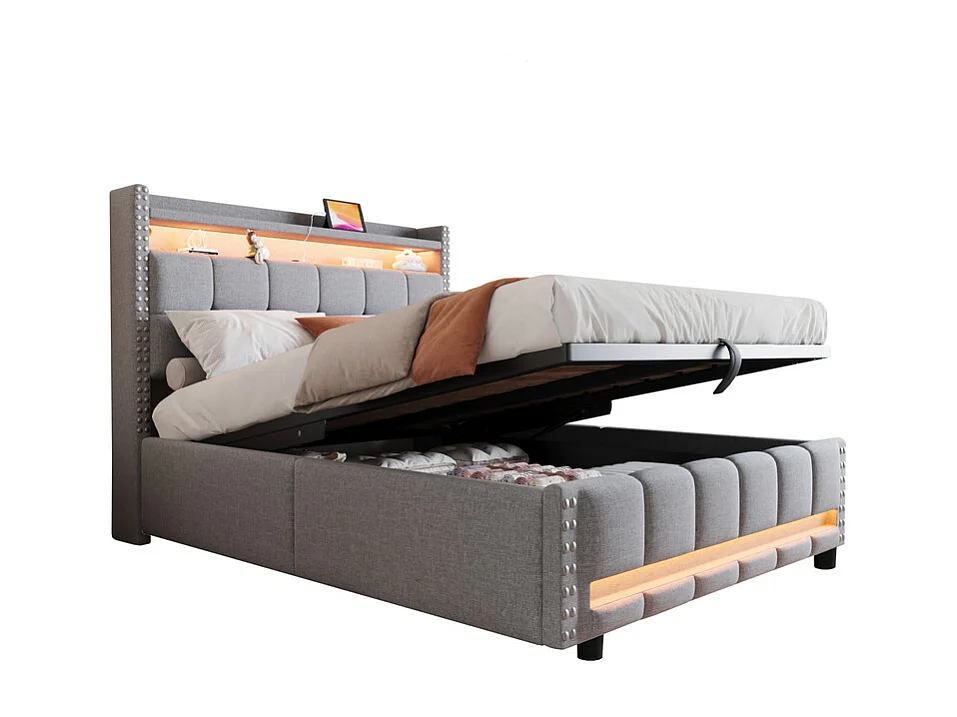 Lit coffre capitonné 140x200cm - avec éclairage LED + prise USB - avec étagères - lin - gris (matelas non inclus)