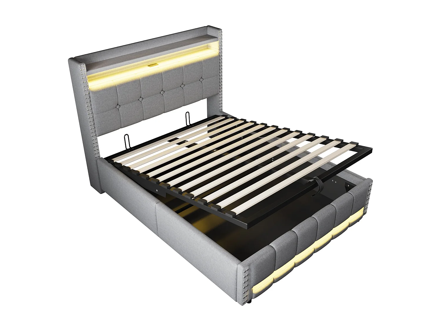 Lit coffre capitonné 140x200cm - avec éclairage LED + prise USB - avec étagères - lin - gris (matelas non inclus)