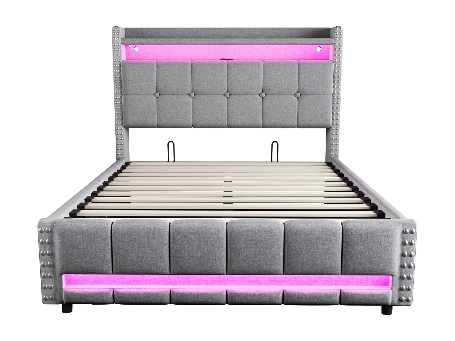 Lit coffre capitonné 140x200cm - avec éclairage LED + prise USB - avec étagères - lin - gris (matelas non inclus)