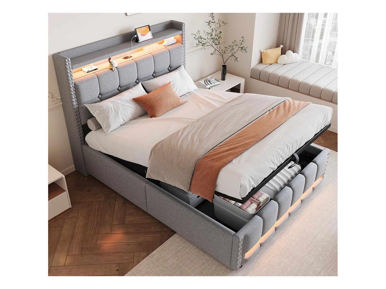 Lit coffre capitonné 140x200cm - avec éclairage LED + prise USB - avec étagères - lin - gris (matelas non inclus)