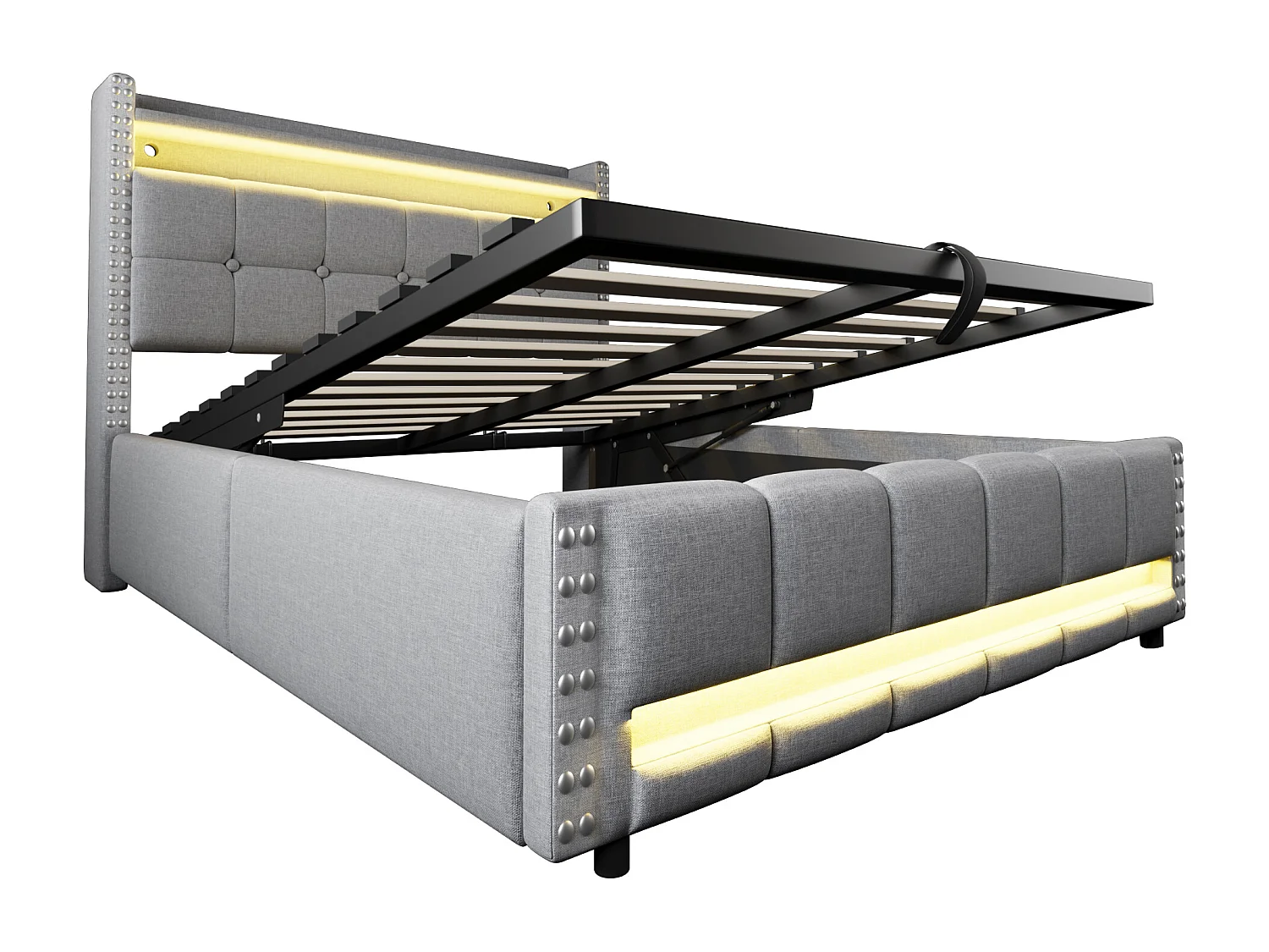 Lit coffre capitonné 140x200cm - avec éclairage LED + prise USB - avec étagères - lin - gris (matelas non inclus)