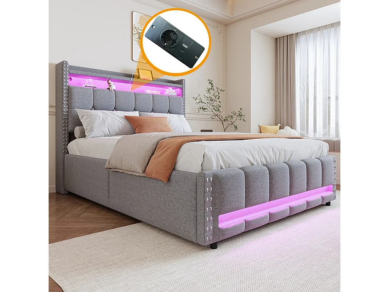 Weich gepolstertes Stauraumbett 140x200 cm - mit LED-Beleuchtung + USB-Anschluss - mit Regalen - Leinen - Grau (Matratze nicht enthalten)