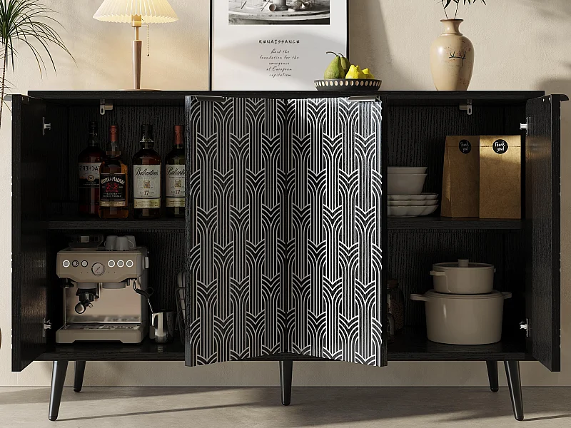 Buffet moderne - 4 portes - avec motifs - MDF - Noir