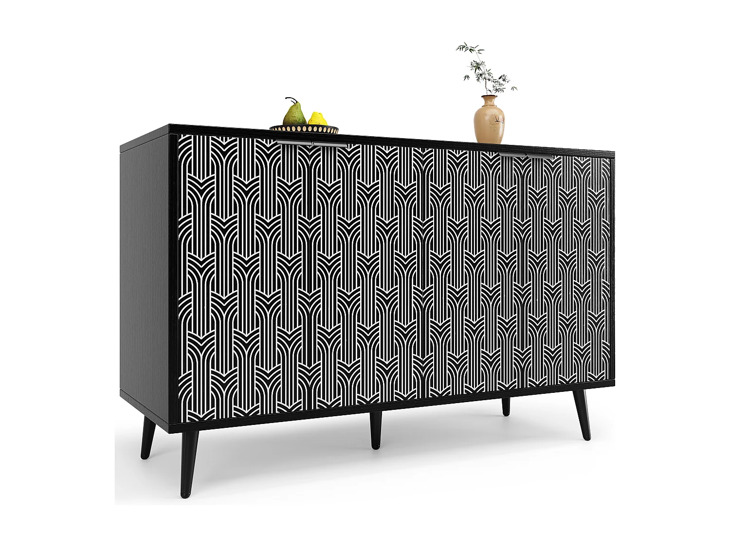 Buffet moderne - 4 portes - avec motifs - MDF - Noir